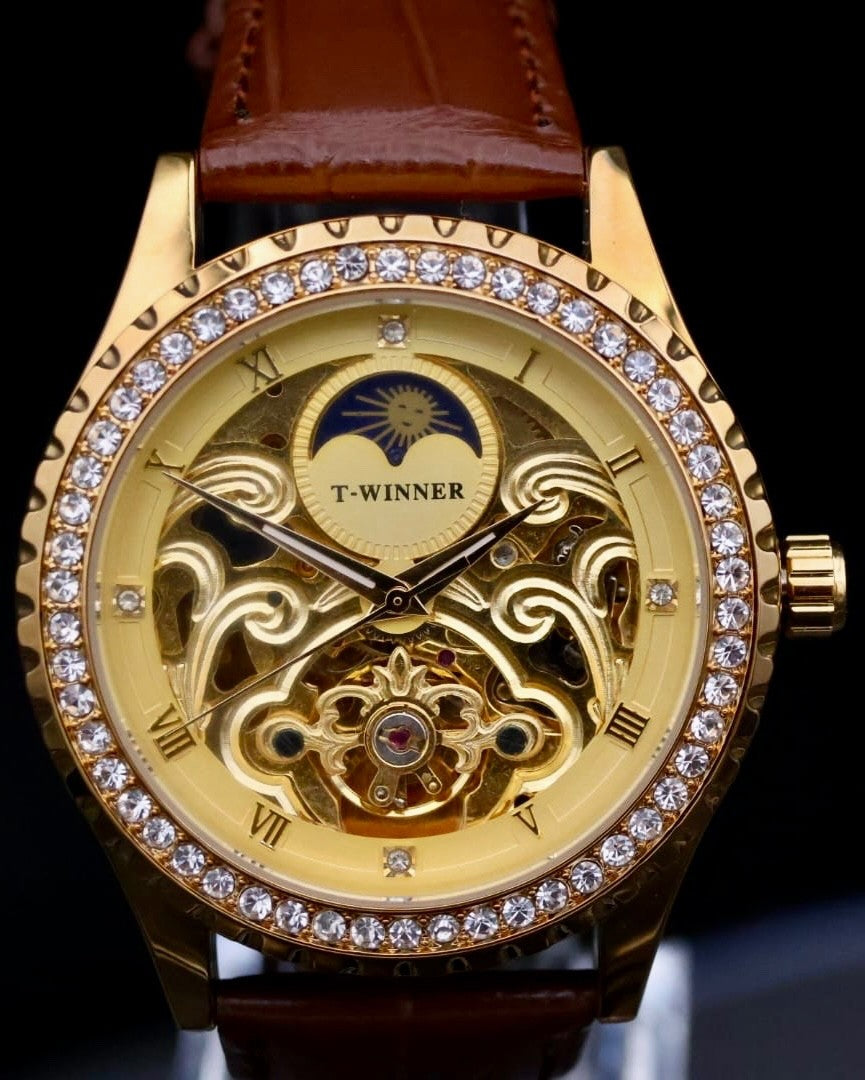 T-Winner Herren Männer Armband Uhr Automatikuhr Gold Braun Farben offene Unruh0
