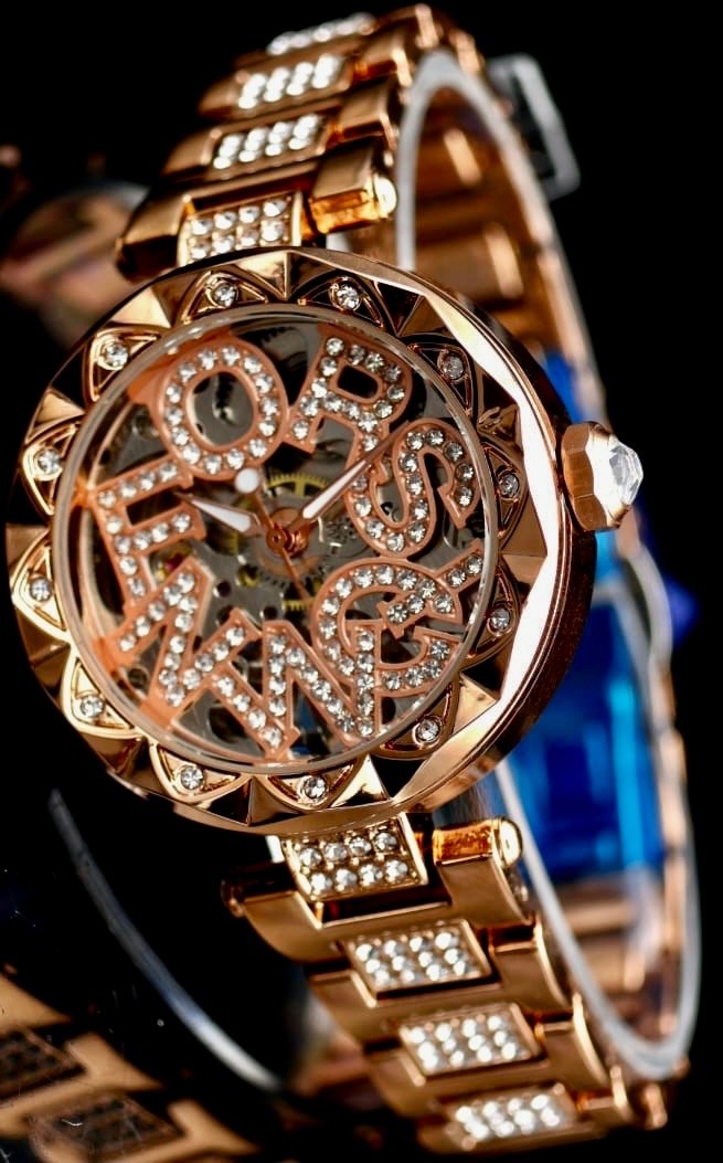 Exklusive Damen Automatik Uhr mit ausgefallenem Ziffernblatt Strass Rosé Farben0