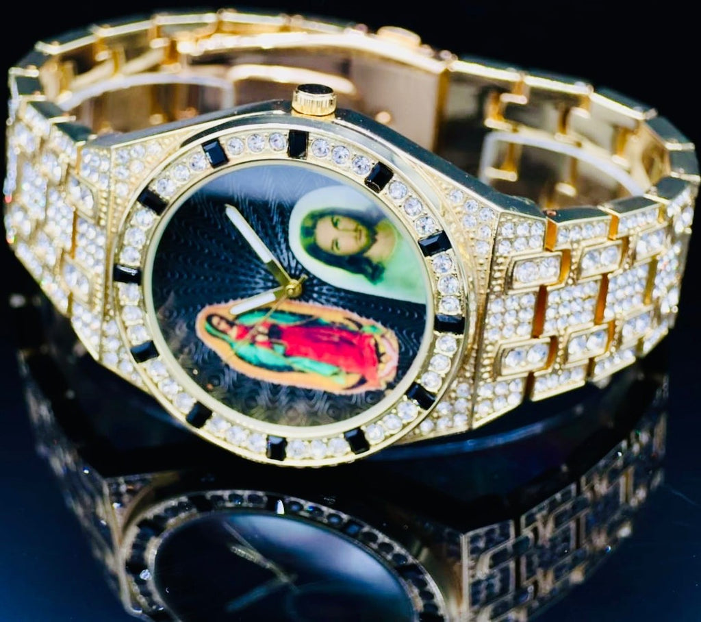 Kingstar Herren Armband Uhr Gold Schwarz Farben Strass Neu Heiliges Ziffernblatt1