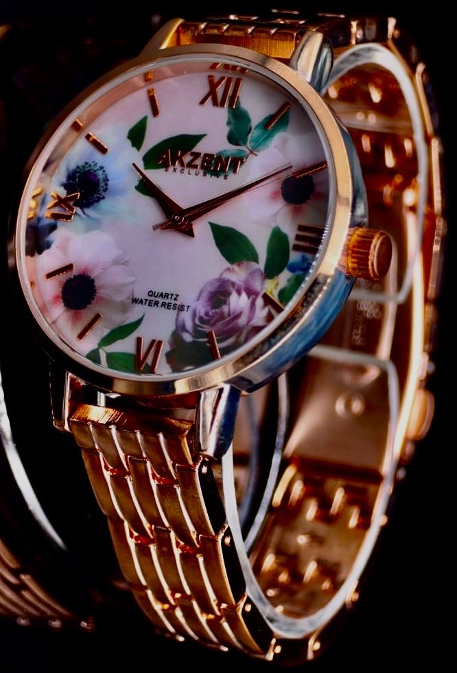 Elegante Akzent Damen Frauen Armband Uhr Rosé Rosa Farben Damenuhr Blumen Muster1