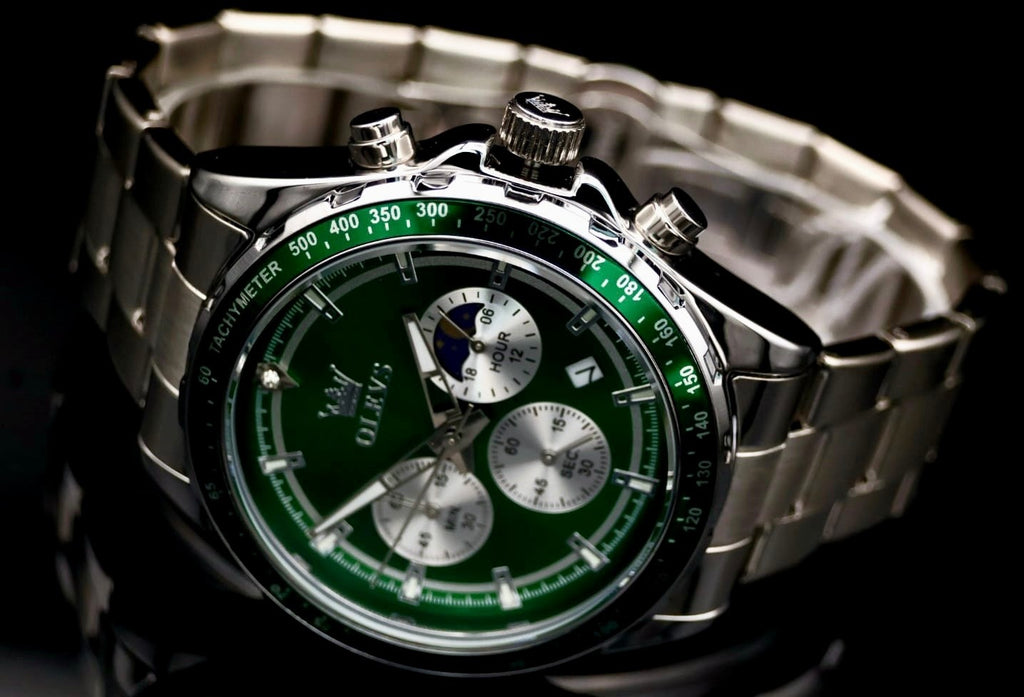 Herren Männer Armband Uhr Chronograph Stoppuhr Datum Silber Grün Farben NEU *1