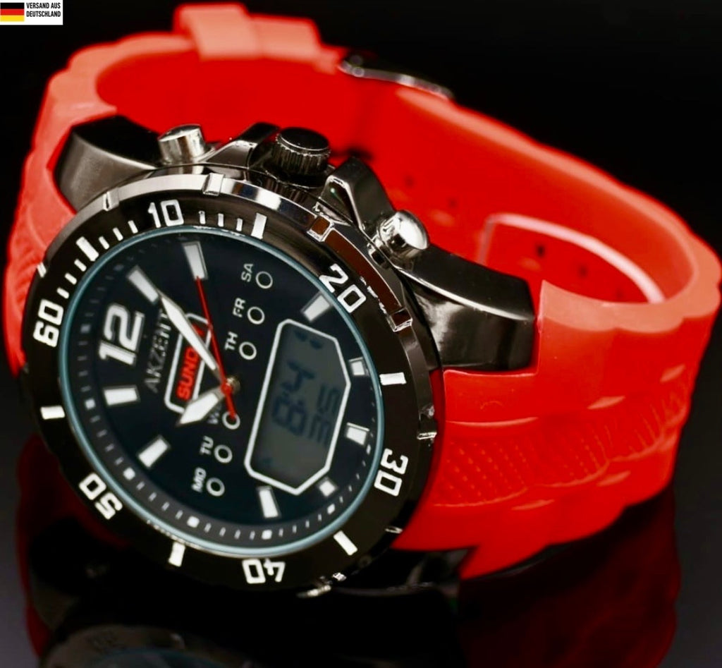 Akzent Herren Männer Analog Digital  Armband Uhr Rot Schwarz Farben Silikonband0