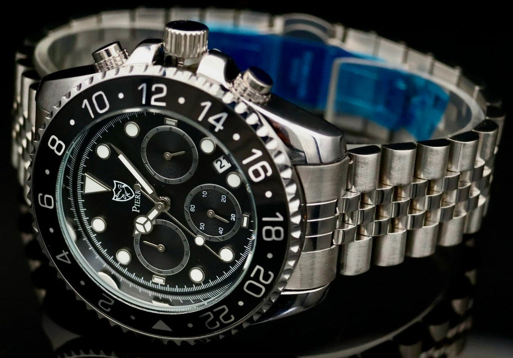 Pierrini Herren Armband Uhr Chronograph Stoppuhr Datum Schwarz Silber Farben NEU1