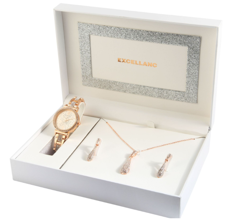 Excellanc Damen Geschenkset Armbanduhr Halskette & Ohrringe Rosé Farben Strass0