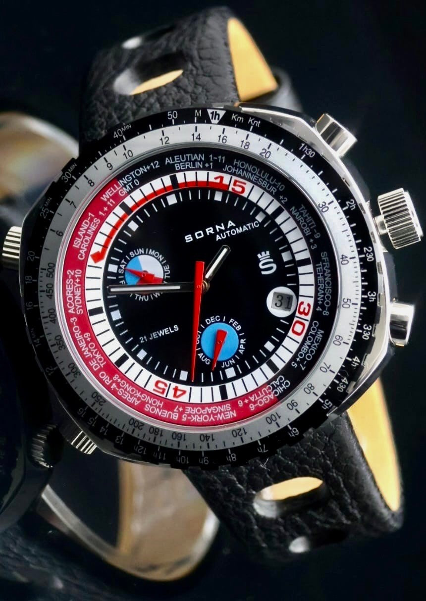 Sorna Herrenuhr Armband Automatik Uhr BULLHEAD NOS-STYLE Worldtimer Watch NEU1