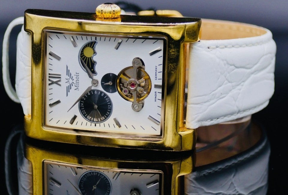 Schicke Herren Uhr Automatikuhr Armbanduhr Minoir Lederband Herrenuhr Weiss1