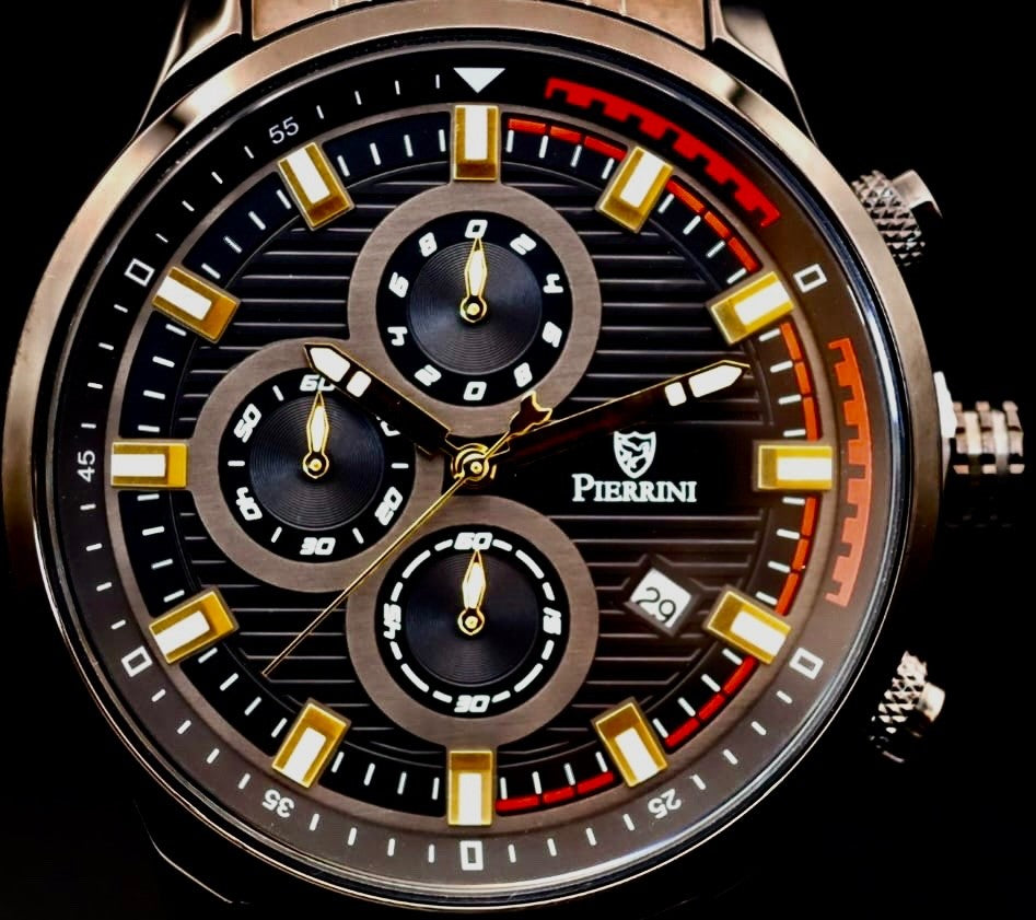 Pierrini Herren Armband Uhr Chronograph Stoppuhr Datum Keramik Look Neu mit Box*2