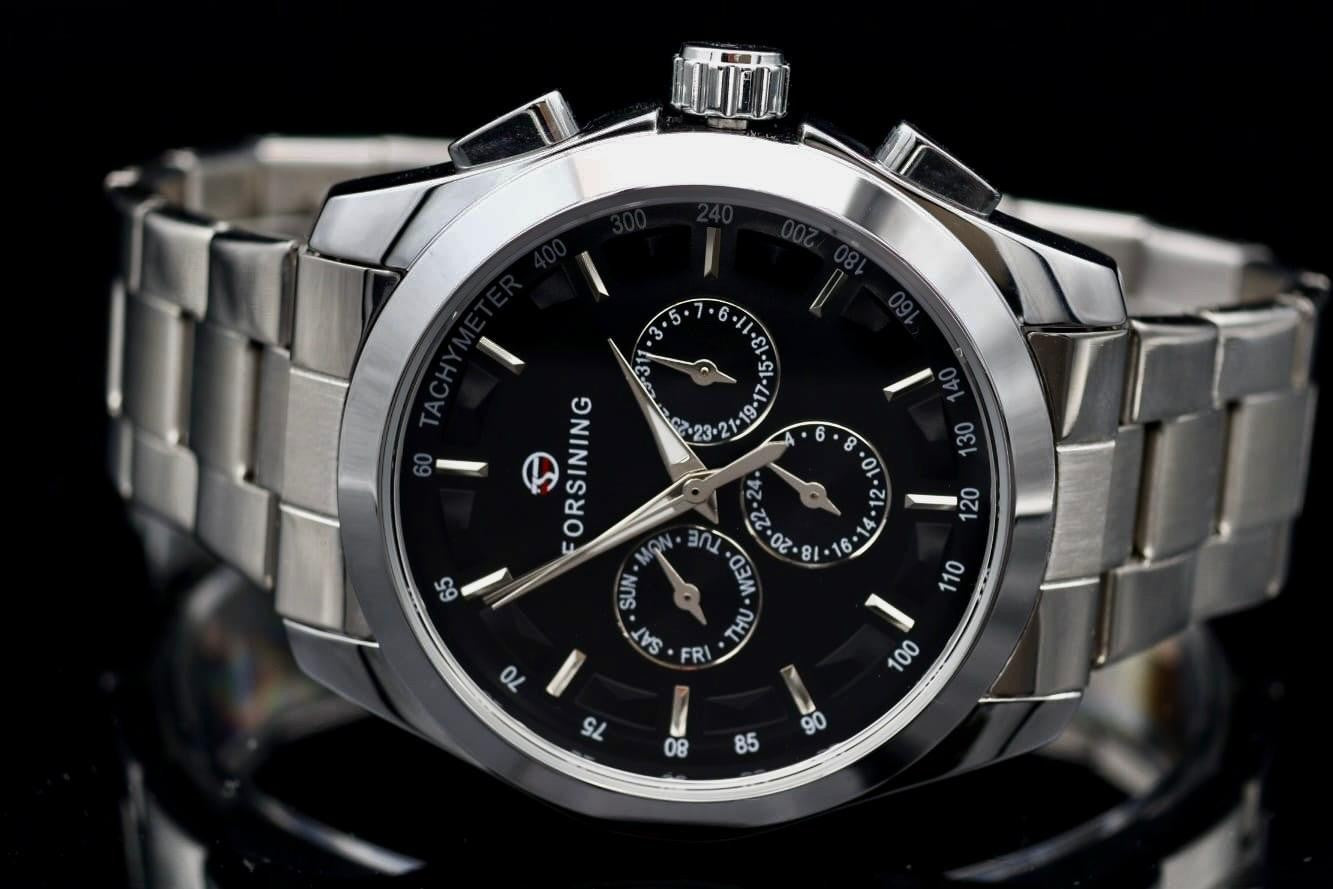 Edle Herren Männer Automatik Uhr Schwarz Silber Farben mit Chronographenfunktion1