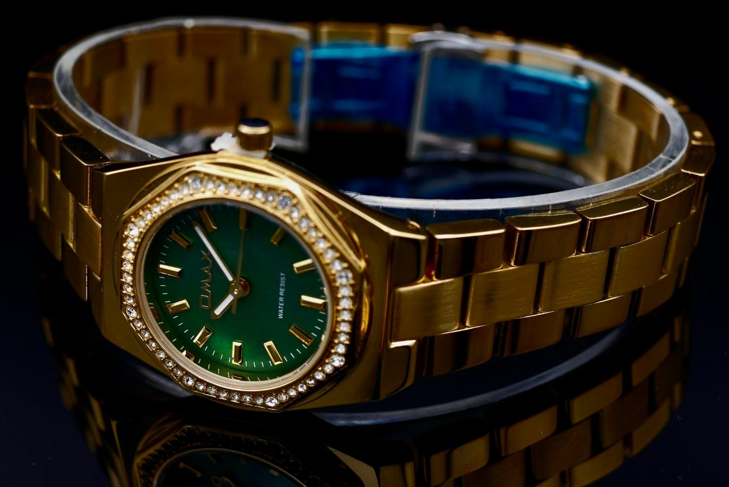 Edle Omax Damen Armband Uhr Grün Gold Farben Damenuhr Strass IP Veredelt  NEU1