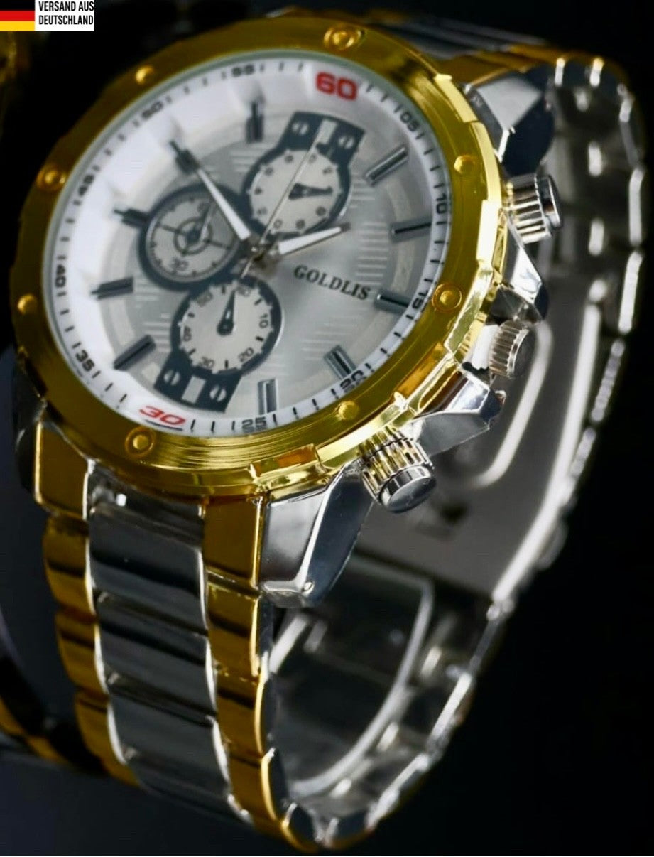 Mega Edle XL Herren Armband Männer Uhr  Silber Gold Farben Chrono-Look0