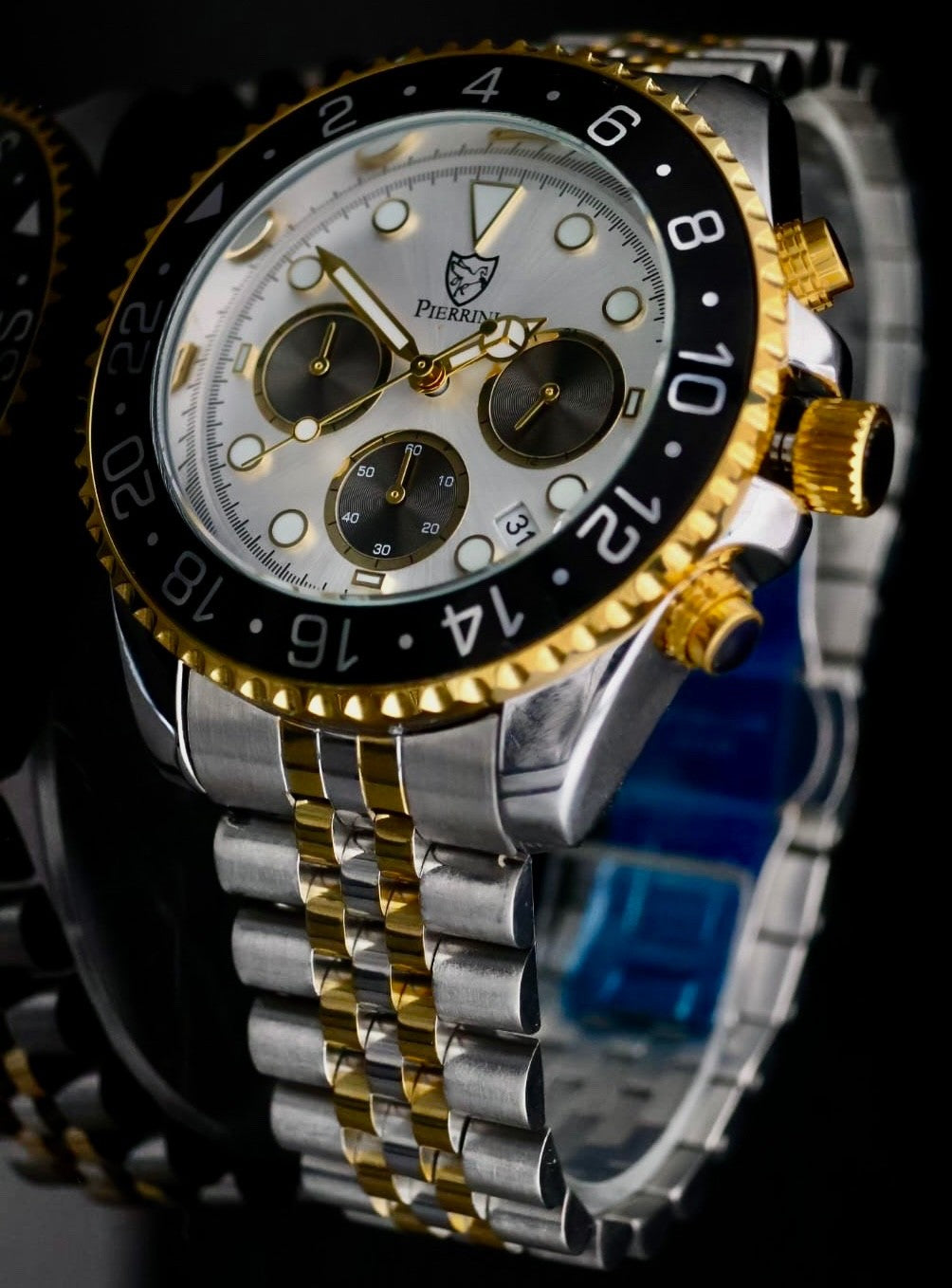 Pierrini Herren Armband Uhr Chronograph Stoppuhr Datum Bicolor Neu mit Box0