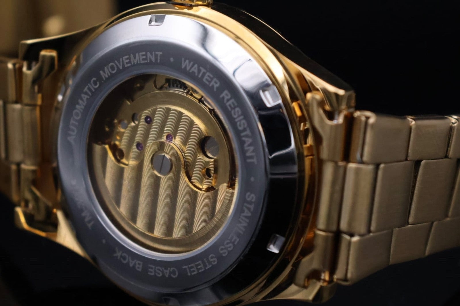 Mega Winner  Herren Automatik Armband Uhr Gold Farben mit Strass + offene Unruh4