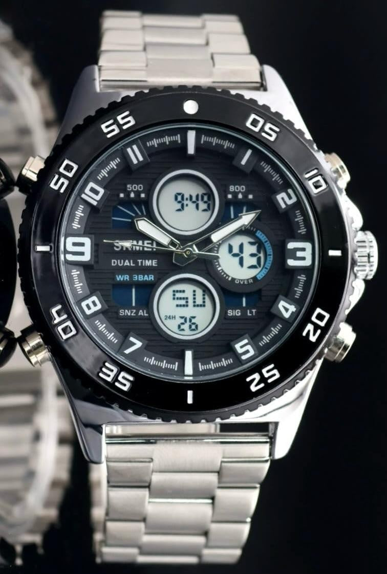 Sportliche Digital & Analog Herren Uhr Armbanduhr Wecker Schwarz Silber Farben0