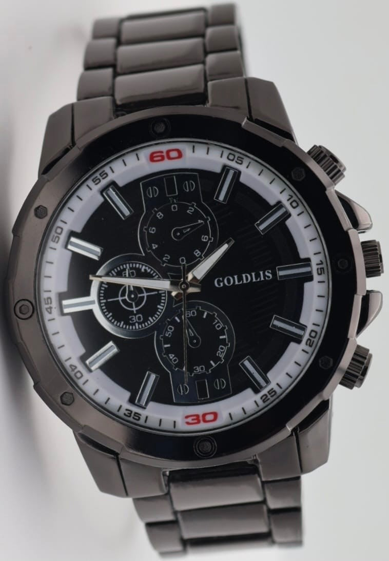 GOLDLIS HERRENUHR IM CHRONO-LOOK QUARZ ANALOG SCHWARZ FARBEN 50MM NEU0