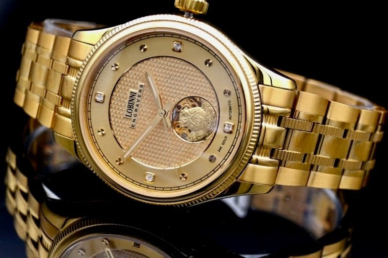 Lobinni Herren Männer Automatik Uhr Gold Farben Sapphire Glasboden NEU1