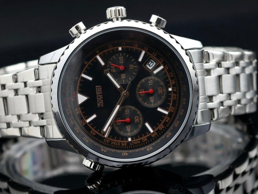 SKM CHRONOGRAPH HERRENUHR EDELSTAHL 44MM DATUMSANZEIGE STOPPFUNKTION SCHWARZ1