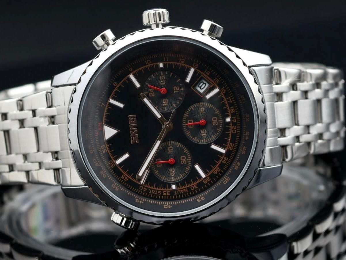 SKM CHRONOGRAPH HERRENUHR EDELSTAHL 44MM DATUMSANZEIGE STOPPFUNKTION SCHWARZ1