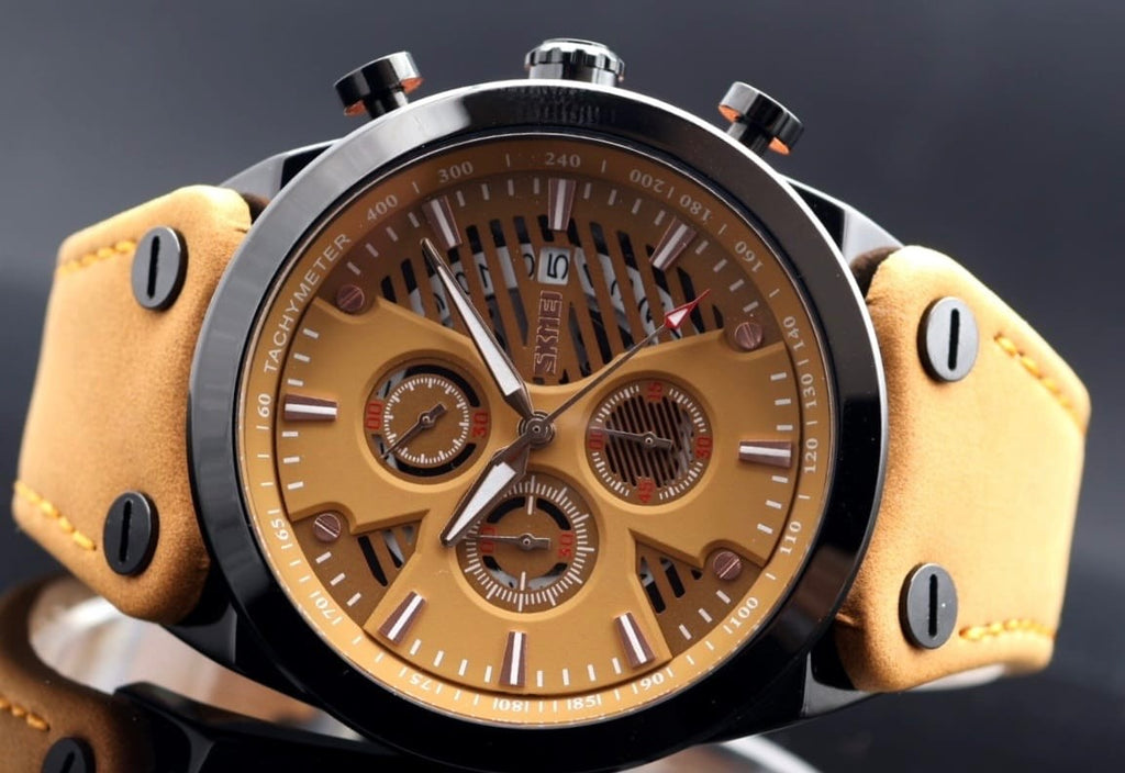 SKM - HERRENUHR - CHRONOGRAPH - DATUM - STOPPUHR - BRAUN - LEDER - 48MM - NEU1