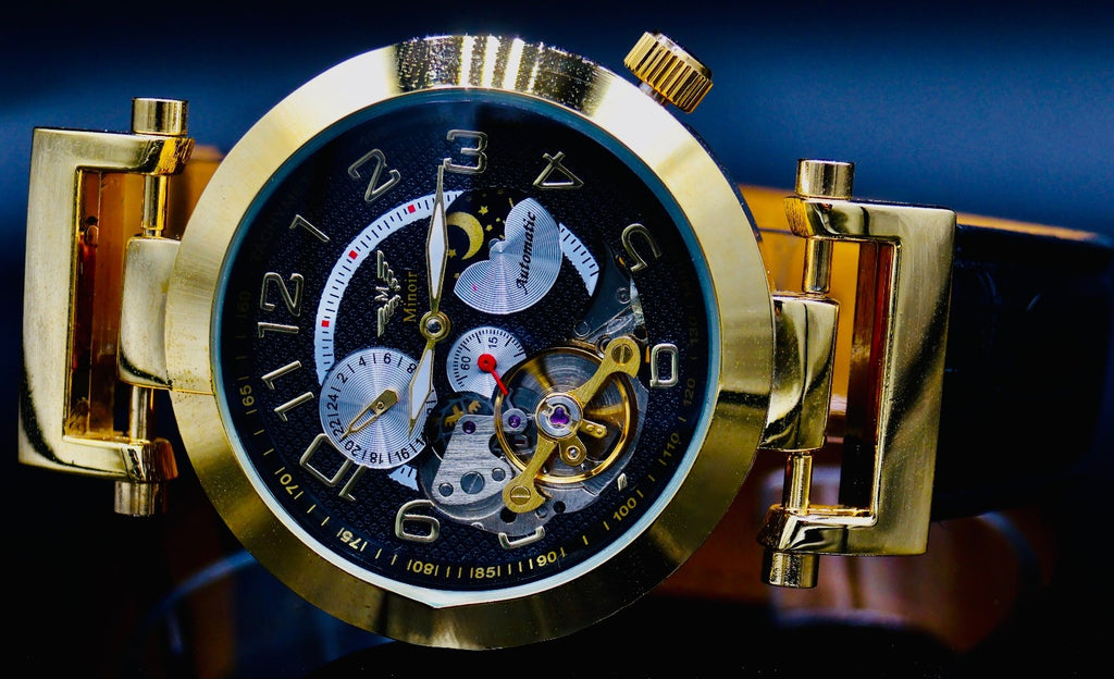Edle Herren Uhr Automatikuhr Armbanduhr Minoir  Schwarz Farben offene Unruh1