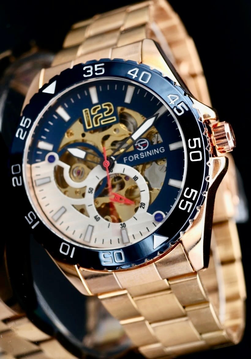 Sportliche Herren Männer Automatik Uhr Blau Gold Farben mit Lederarmband NEU0