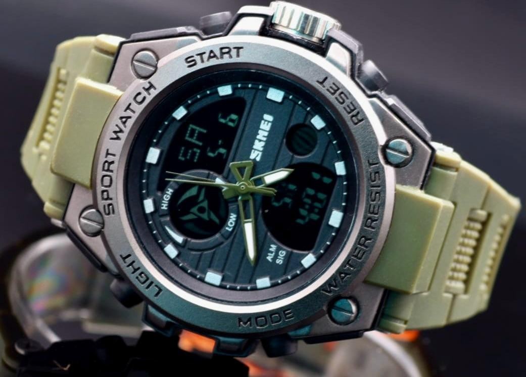 SKM Herrenuhr Digital Analog Uhr Sport Watch Silikonarmband Khaki 46mm Neu2