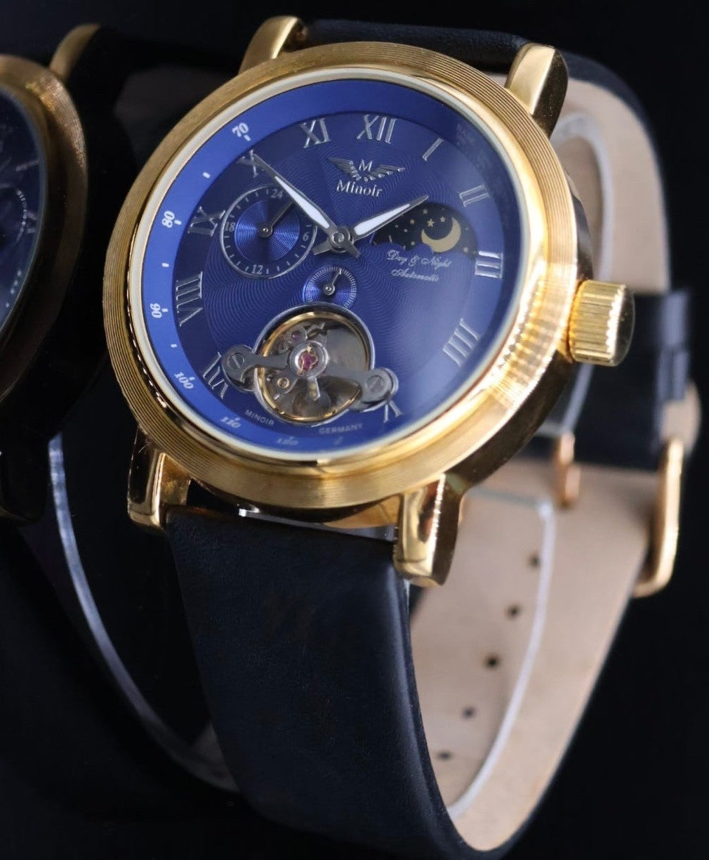 Minoir Herren Uhr Automatik Armbanduhr Blau Schwarz Farben Herrenuhr Lederband0