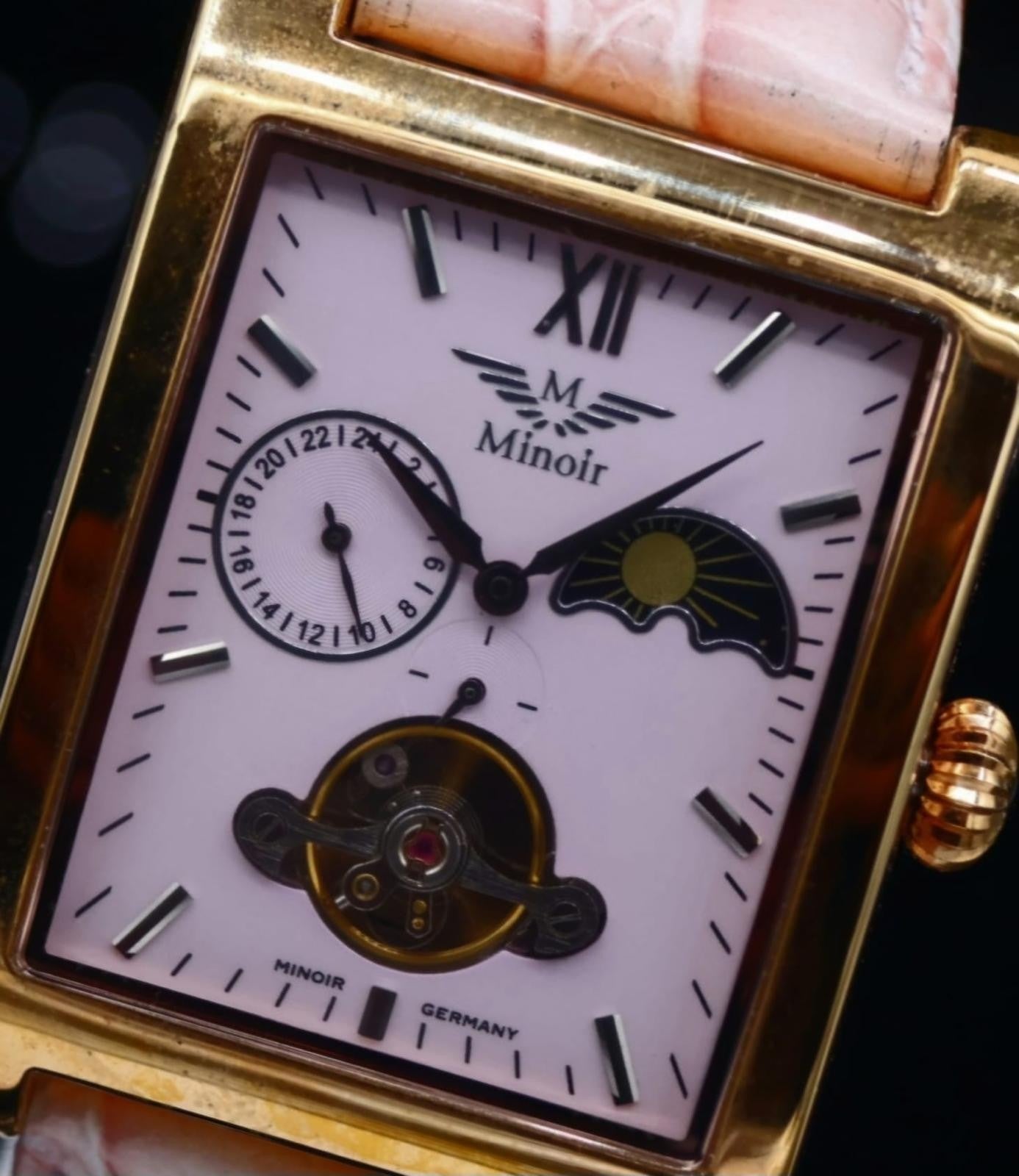 Klassische Damen Frauen Uhr Automatik Armbanduhr Minoir Lederband Damenuhr Rosa1