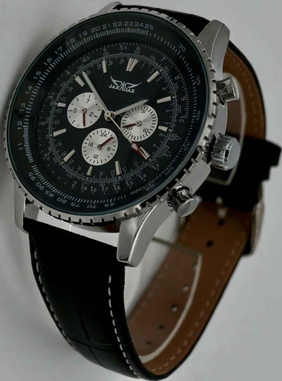 XXL JARAGAR Herren Automatik Uhr Armband Uhr Schwarz Silber Farben mit Lederband0