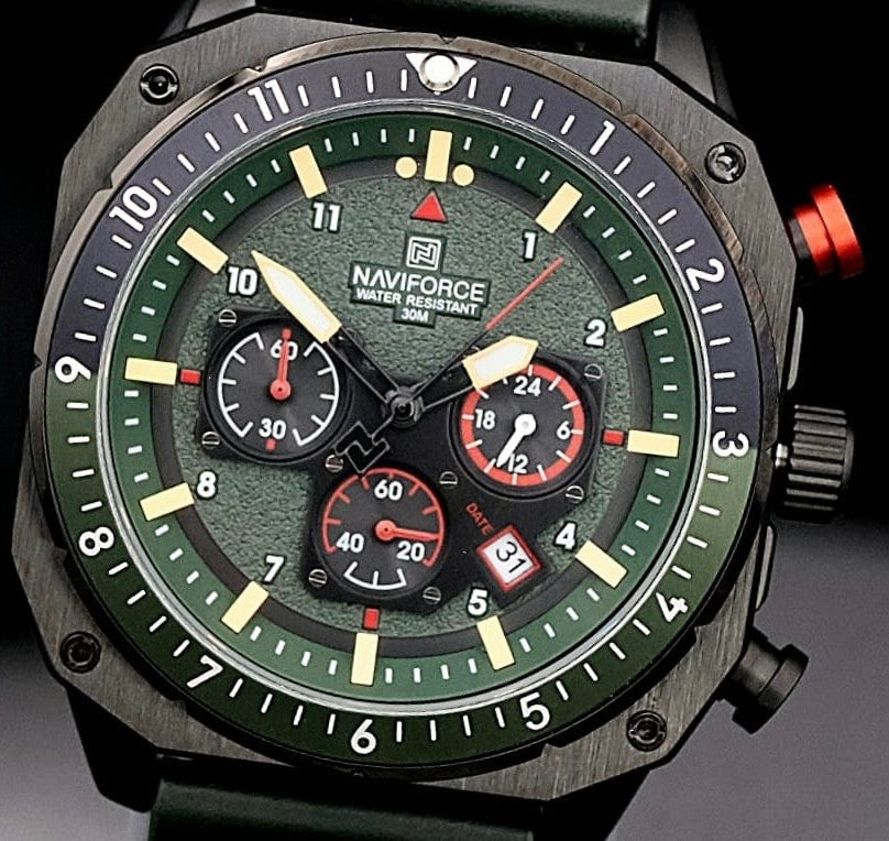 Edle XL Naviforce Herren Männer Armband Uhr Chronograph Stoppuhr Datum Green NEU2