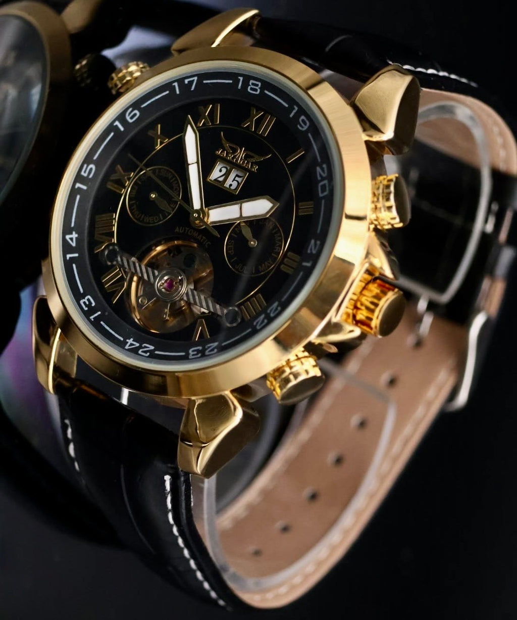 Klassische JARAGAR Herren Männer Armband Uhr Automatikuhr Gold Schwarz Farben0