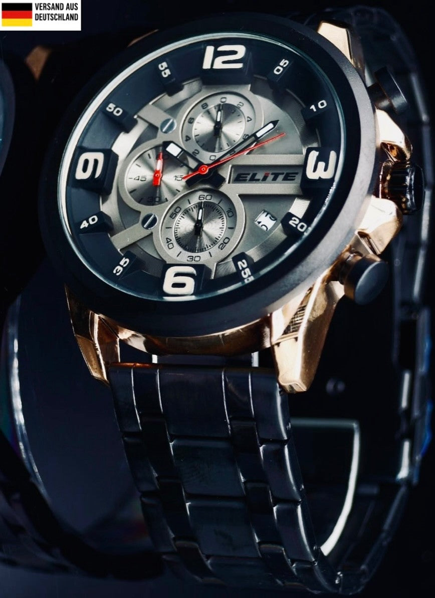 Elite Herren Edelstahl Armband Uhr Chronograph Rose Gold Schwarz Farben Datum *0