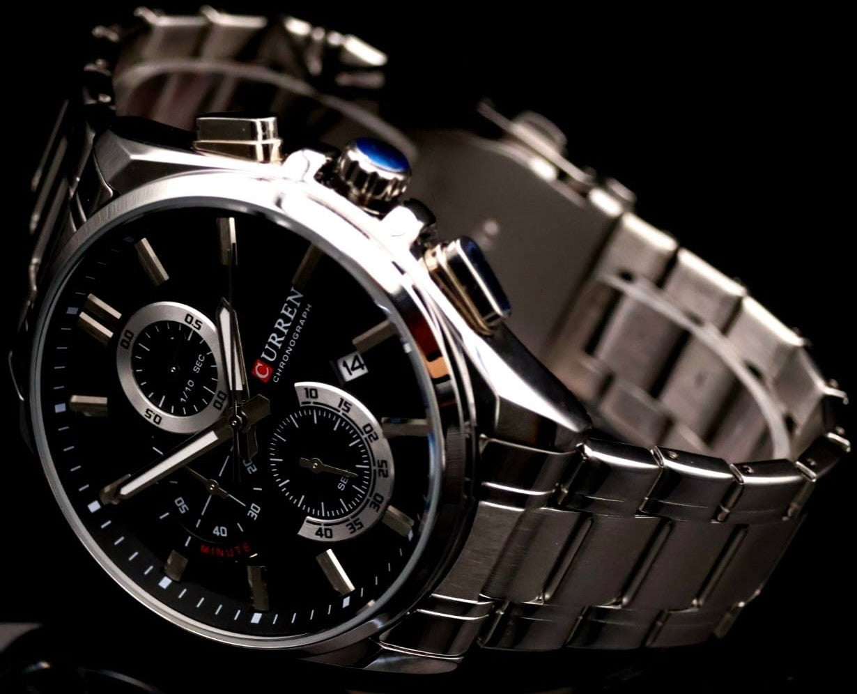 Herren Armband Uhr Edelstahl Chronograph Stoppuhr Datum Schwarz Silber Farben #1