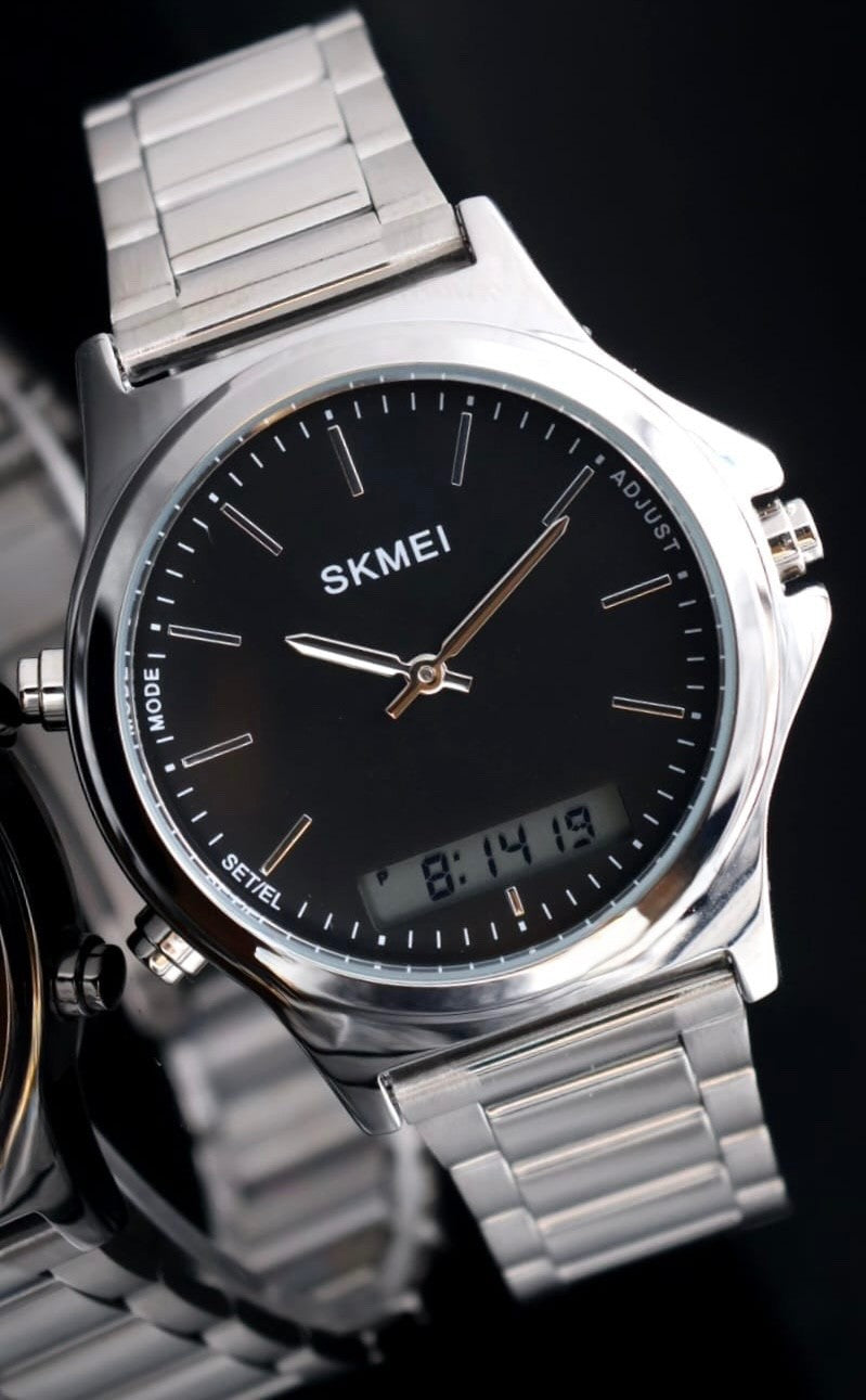 Digital & Analog Herren Männer Uhr Armbanduhr Schwarz Silber Datum 40mm0