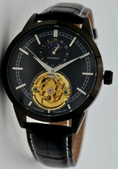 Edle Herren Männer Automatik Uhr Schwarz Farben mit Lederband & offener Unruh *0