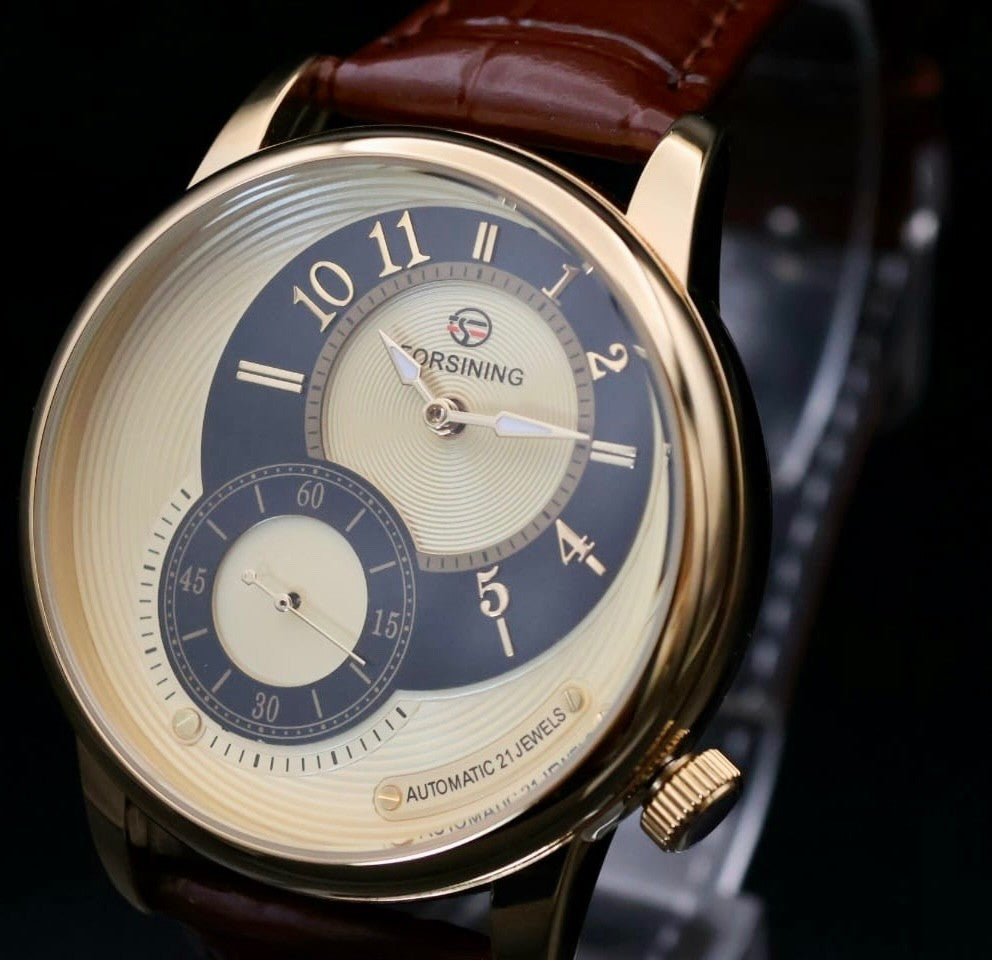 Exklusive FORSINING Herren Automatik Uhr Herrenuhr Gold Braun Lederarmband TOP2