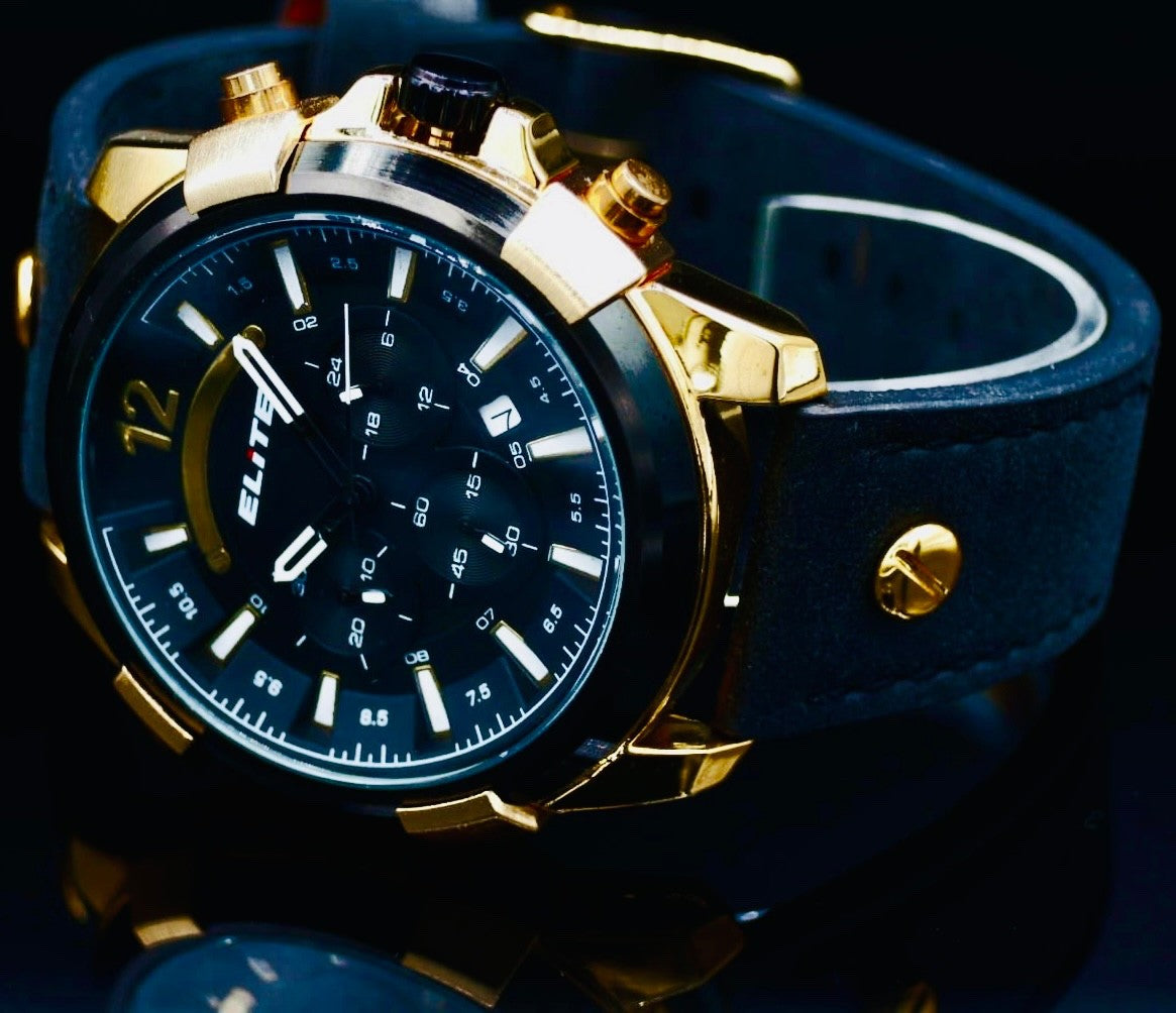 Elite Herren Armband Uhr Chronograph Datum  Schwarz Gold Farben Flieger-Design1