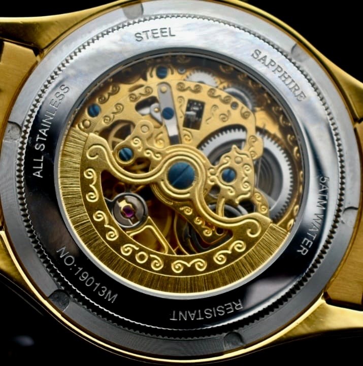 Lobinni Herren Männer Automatik Uhr Gold Farben Sapphire Glasboden NEU2