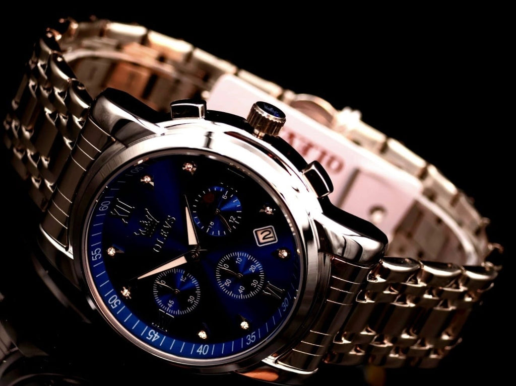 Herren Männer Armband Uhr Chronograph Stoppuhr Datum Blau Silber Farben NEU1