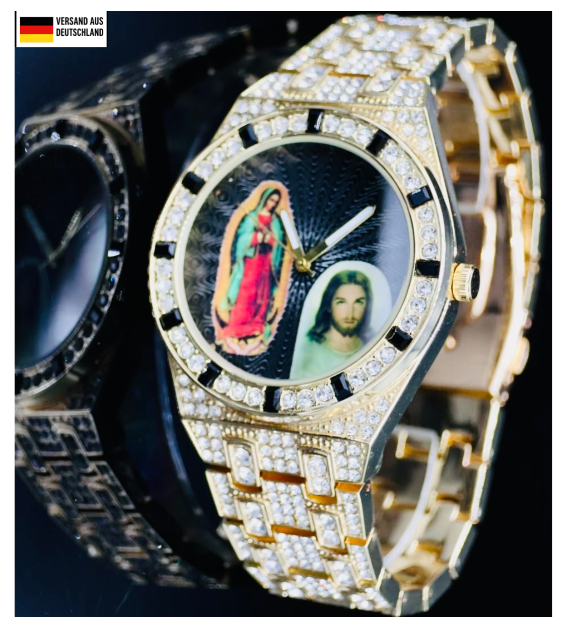 Kingstar Herren Armband Uhr Gold Schwarz Farben Strass Neu Heiliges Ziffernblatt0