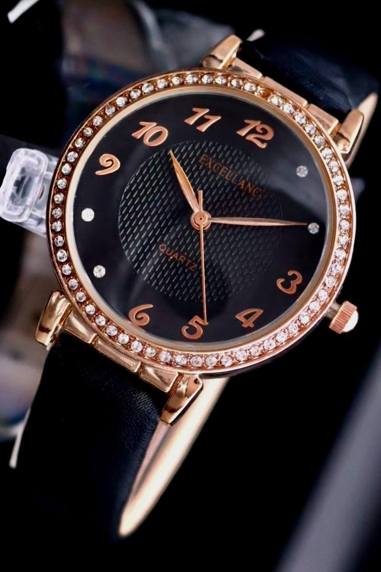 Excellanc Damen Frauen Armband Uhr Schwarz Roségold Farben Damenuhr Strass Slim0