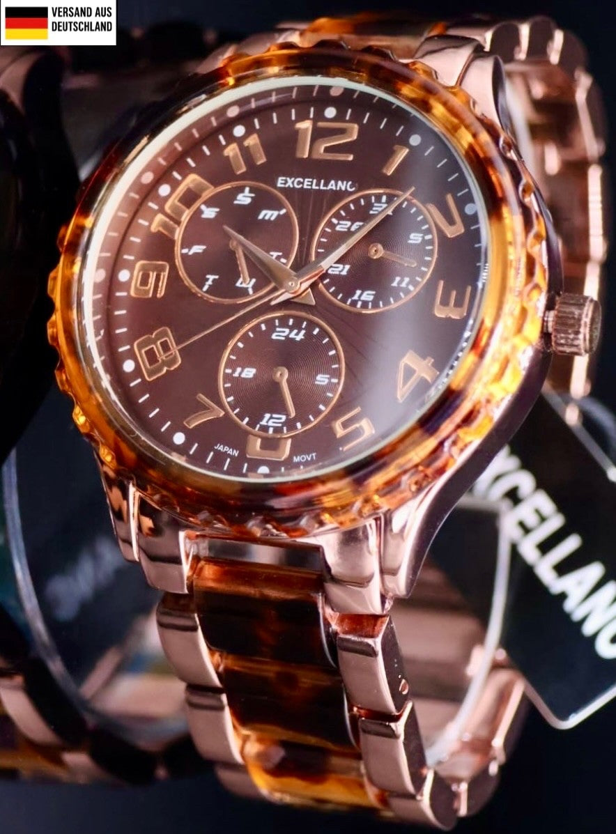 Excellanc  Damen Frauen Armband Uhr Braun Bicolor Farben Damenuhr Chrono-Look0