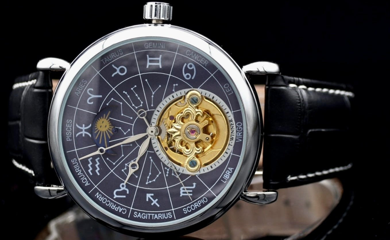 WINNER Herren Uhr Automatik Mechanisch Leder Sternzeichen Zodiak Dunkelblau 48mm2