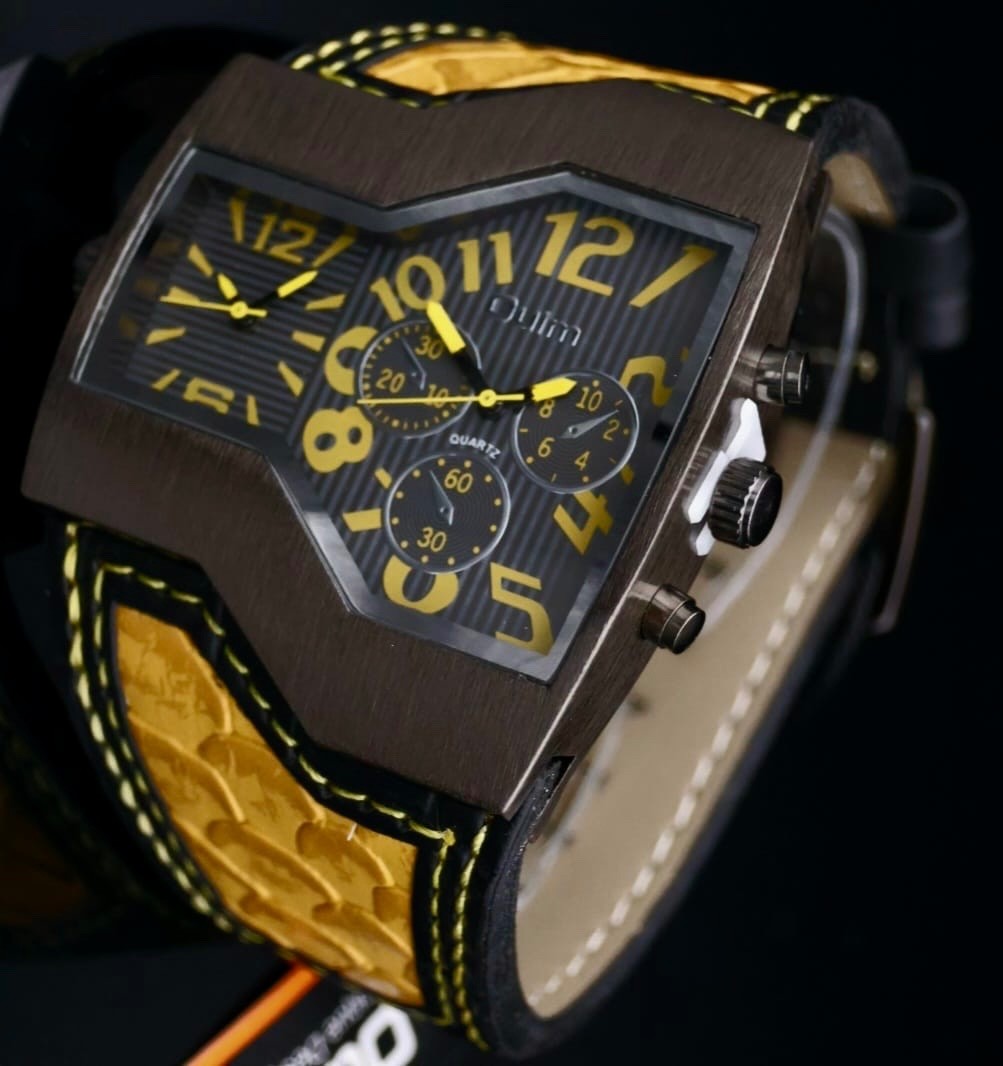 Dual Timer Herrenuhr Braun Gelb Farben Leder Armband Männer Uhr im Chrono Look0