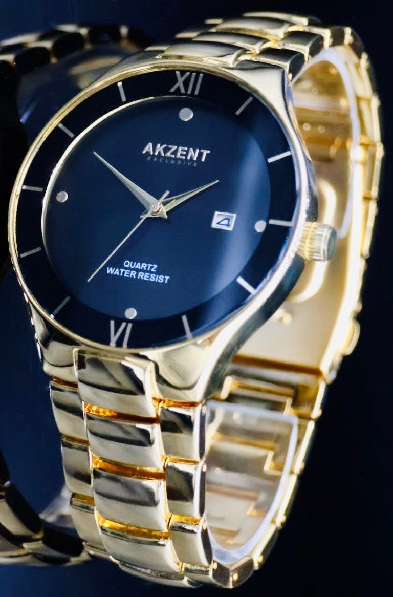 Akzent Exclusive Herren Männer Armband Uhr  im Flachem Design Gold-Optik2
