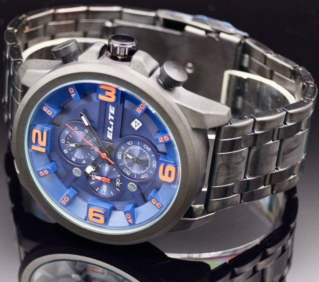 Elite Herren Edelstahl Armband Uhr Chronograph Datum Anthrazit Schwarz Blau NEU1