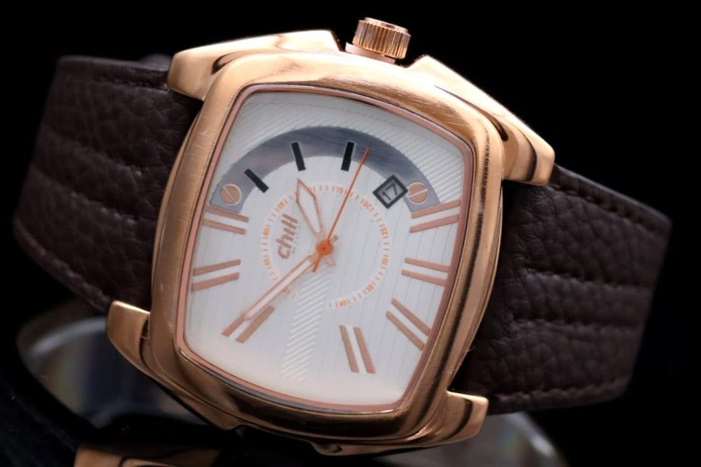 Chill Herren Männer Armband Uhr Weiß Rosé Farben Herrenuhr Datum Textilleder Neu1