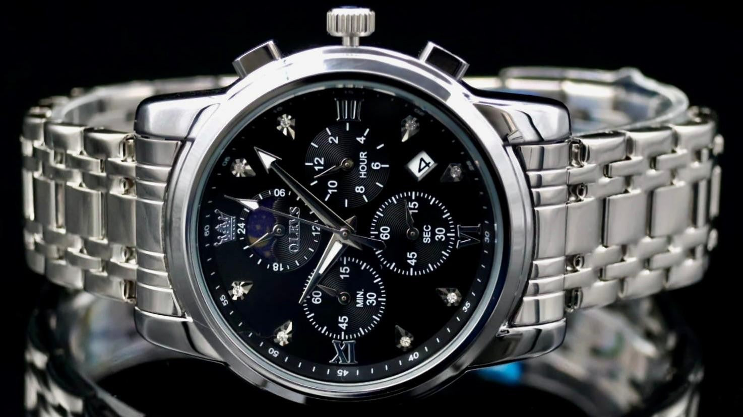 OLEVS Herren Armband Uhr Herrenuhr Chronograph Silber Edelstahl Mondphase Datum1