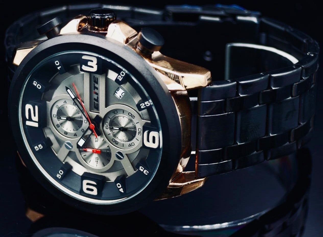 Elite Herren Edelstahl Armband Uhr Chronograph Rose Gold Schwarz Farben Datum *1