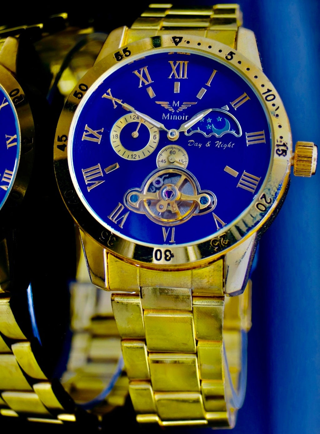 Schicke Minoir Automatik Herrenuhr  Blau Klassisch mit offenem Werk & Glasboden0