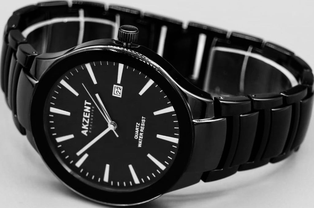 Akzent Herren Männer Armband Uhr  im Flachem Design Keramik Look Datum1